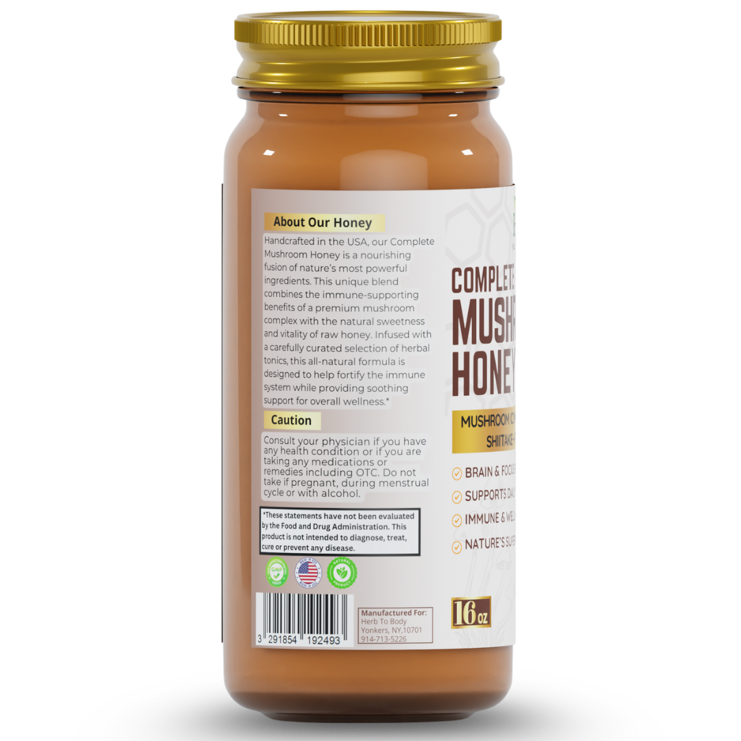 Mushroom Honey 16 ounce Jar for complete vitality support. Healthy benefits