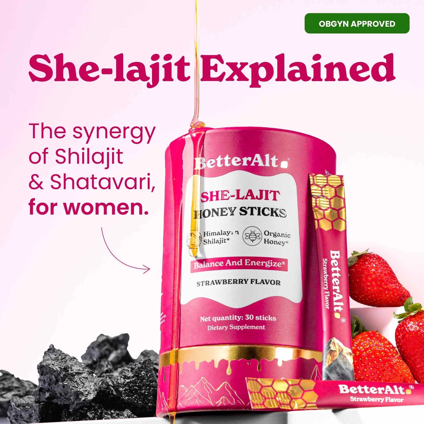 SHE-LAJIT strawberry flavored shelijit and organic honey sticks. Hormonal balance for women