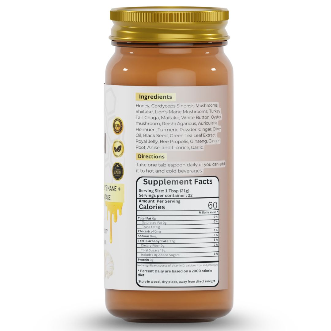 Mushroom Honey 16 ounce Jar for complete vitality support supplemental facts