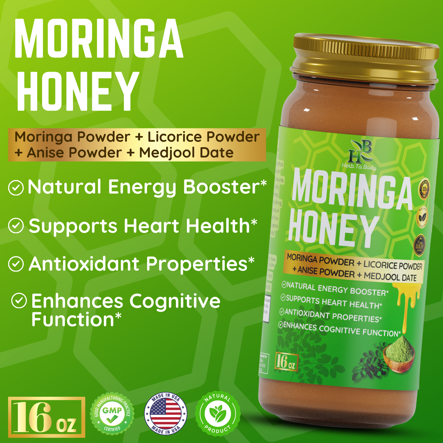 Moringa Honey jar, medjool date, licorice herbs, energy support, sexual enhancement for men. Heart health, enhanced cognitive function