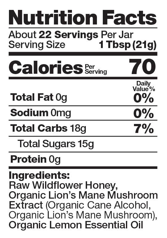 Lion's Mane Mushroom Honey, Bee Shepherd, 12oz Glass Jar nutritional facts