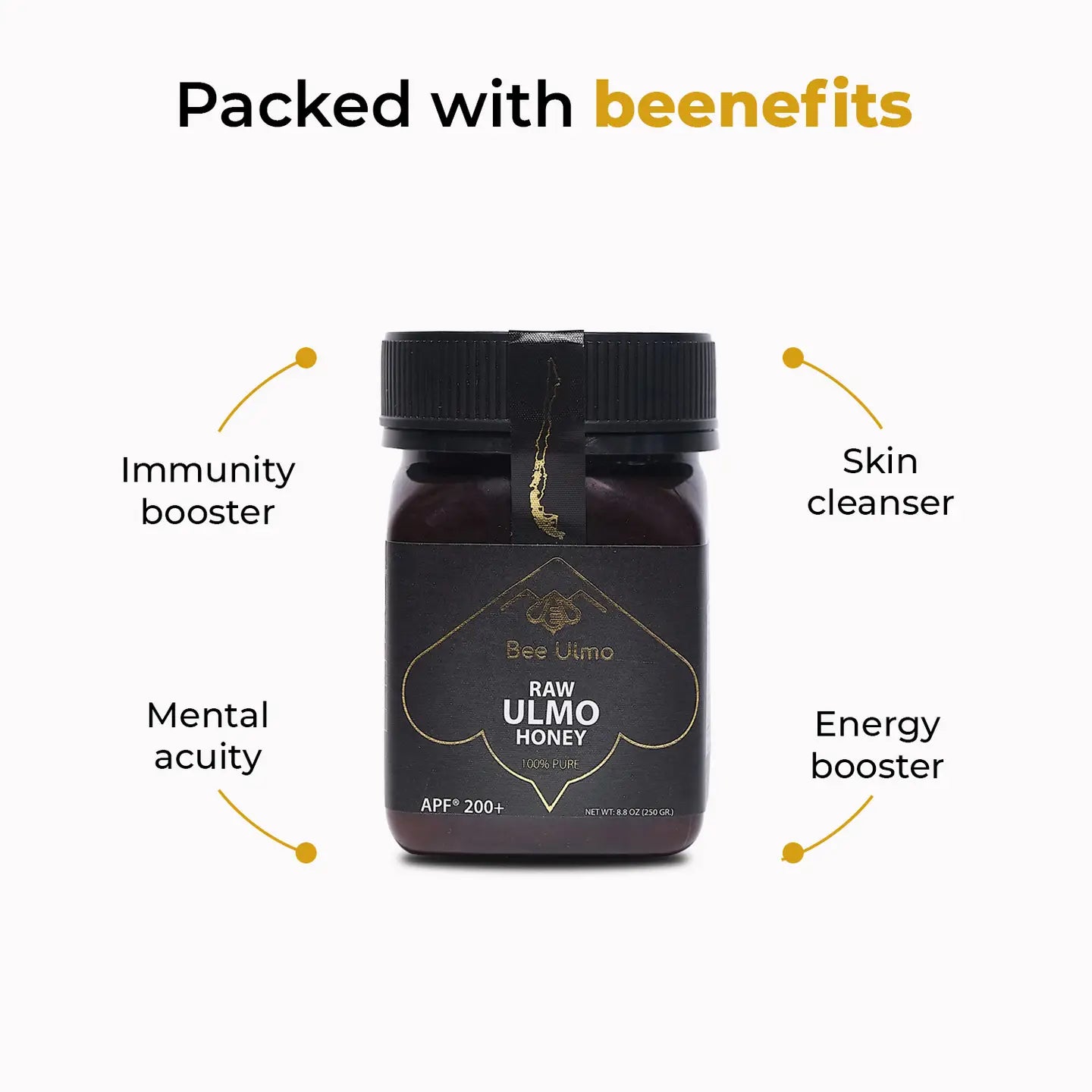 Bee Ulmo Raw Ulmo Honey jar with certifications shown around it including APF Certified, FDA Approved, EU Organic, Kosher raw honey, HACCP, and Fair Trade. Text reads “Purest quality assured.”