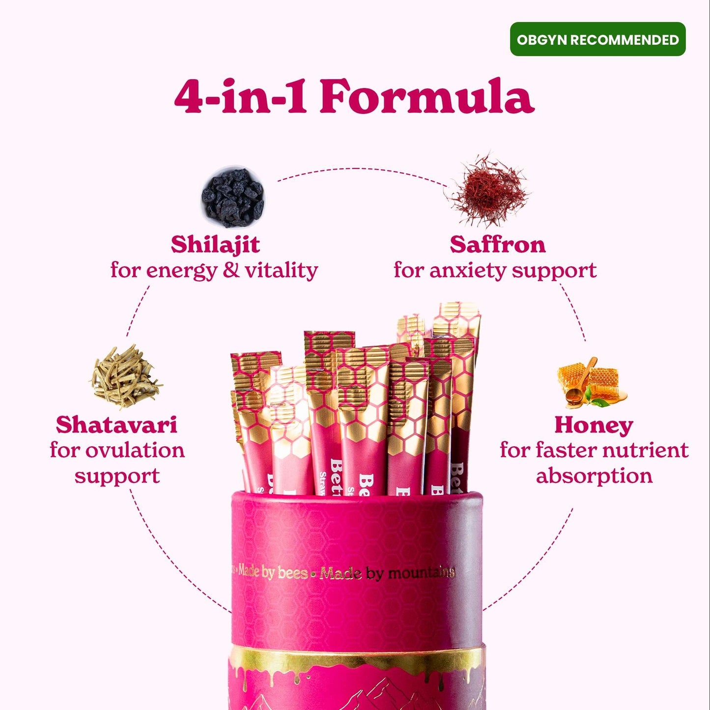 Strawberry flavored Shilajit organic honey sticks for women ingredients, Saffron, Shatavari