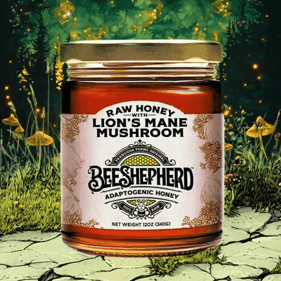 Lion's Mane Mushroom Honey jar. Raw honey herbal blend bee shepherd zaydal