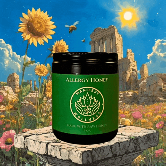 Allergy Support organic Herbal Honey glass jar, gourmet honey, natural honey, top shelf honey, wild flowers, pollen, manifest wellness - zaydal
