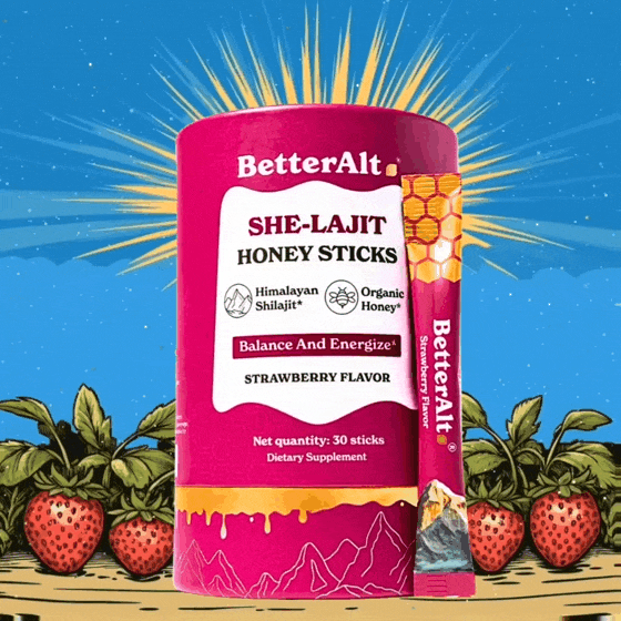 SHE-LAJIT strawberry flavored Shilajit and organic honey sticks for optimal female health. Zaydal