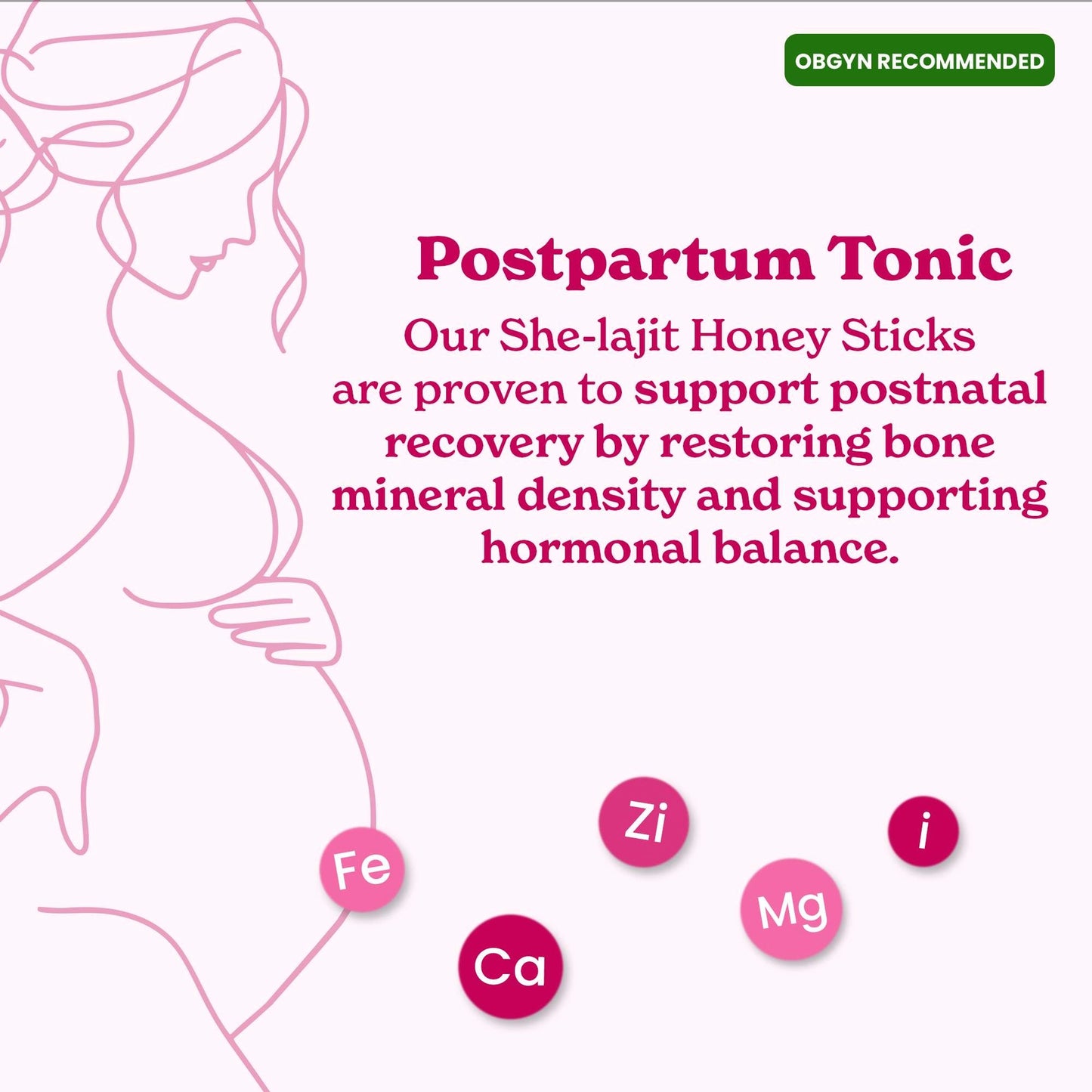 Postpartum support, postnatal recovery, hormonal balance for women, strawberry flavored Shilajit organic honey sticks.