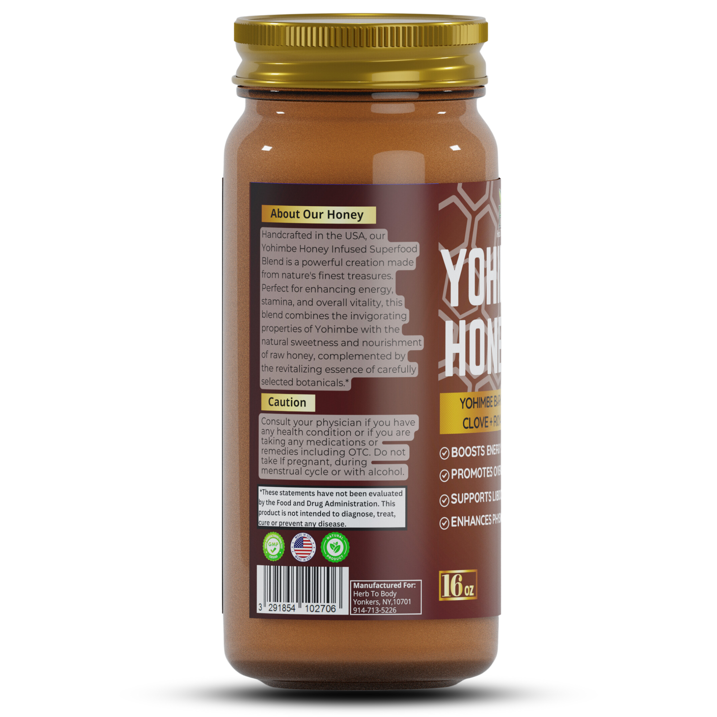 Yohimbe Honey blend 16 ounce Jar for stamina support, vitality support, energy and sexual health for men