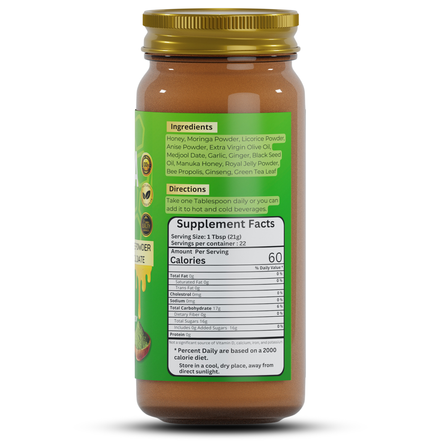 Moringa Honey jar, medjool date, licorice herbs, energy support, sexual enhancement for men, supplemental facts, antioxidants