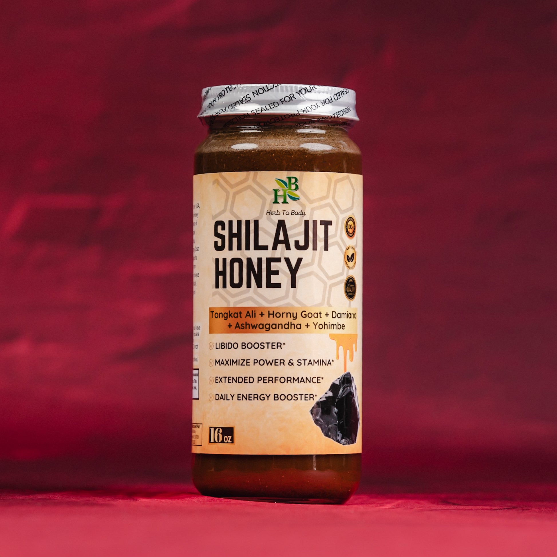 jar of Shilajit Honey with a red background