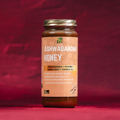 Jar of Ashwagandha Honey with a red background