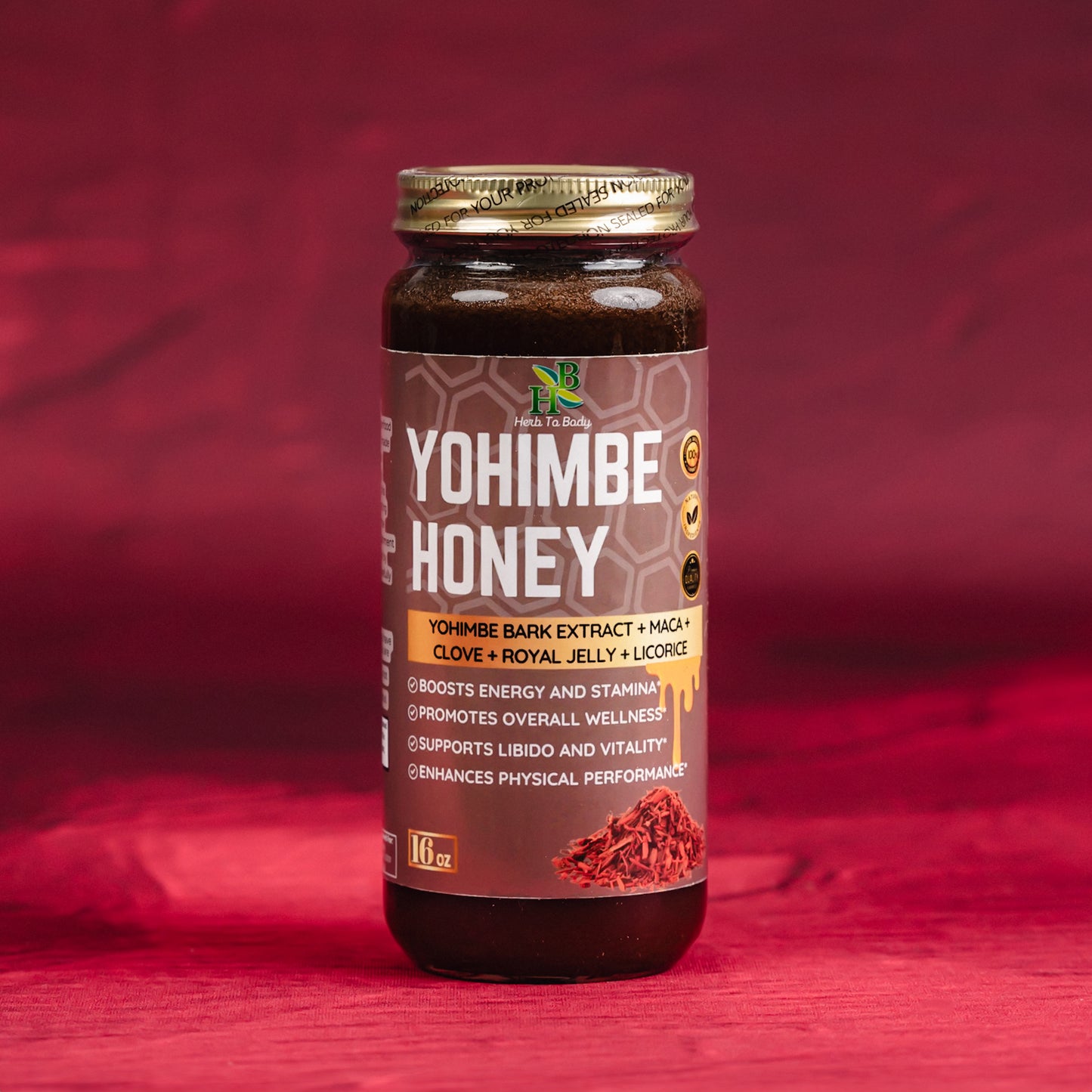 Jar of Yohimbe Honey on a red background