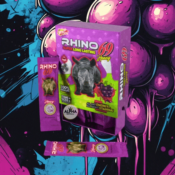 Rhino 69 grape flavored honey pack box, honey packs, herbal honey, rhino honey packs, men's health, stamina booster, increased blood flow, 